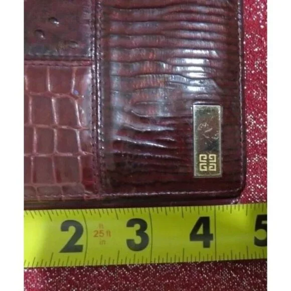 Givenchy Vintage Burgundy Ostrich Croc Embossed Leather Trifold Wallet coin case